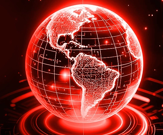 Globo terrestre luminoso em vermelho, representando a rede global de empresários